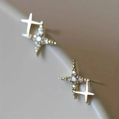 Double Star Design Stud Earrings Inlaid Zirconia - A-1 Thread Vault