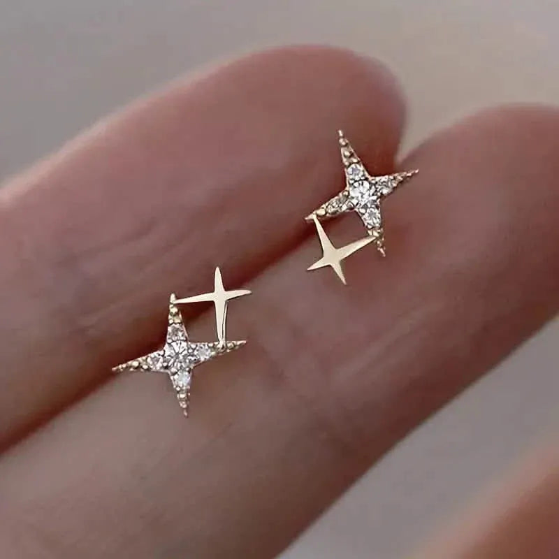Double Star Design Stud Earrings Inlaid Zirconia - A-1 Thread Vault