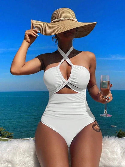 Drawstring One-piece Women Swimsuit 2025 Swimwear Female High Waisted Bikini Bandeau Halter Bathing Suit Swimming for Monokini - A-1 Thread Vault