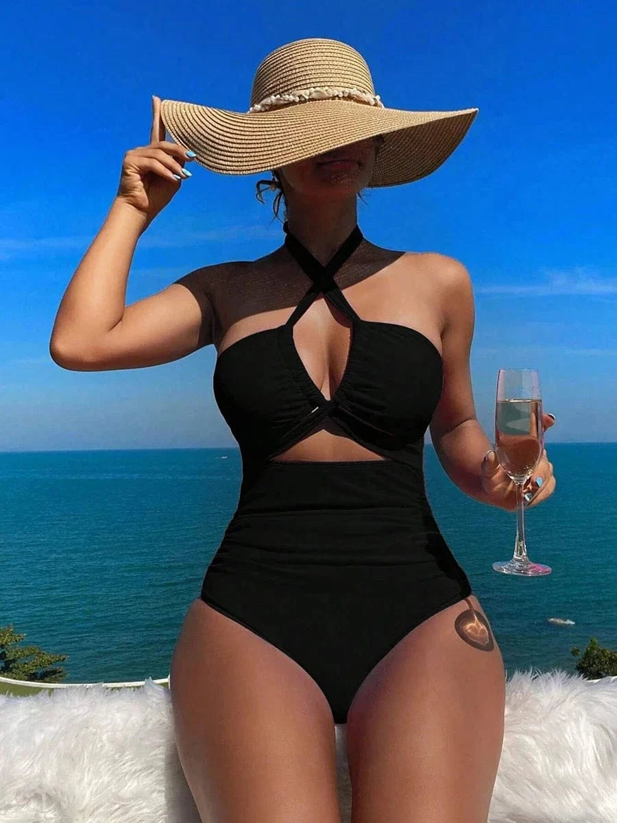 Drawstring One-piece Women Swimsuit 2025 Swimwear Female High Waisted Bikini Bandeau Halter Bathing Suit Swimming for Monokini - A-1 Thread Vault