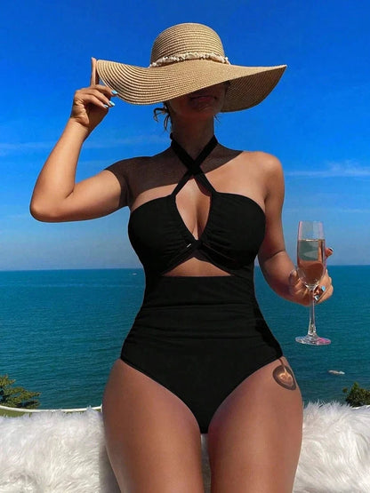 Drawstring One-piece Women Swimsuit 2025 Swimwear Female High Waisted Bikini Bandeau Halter Bathing Suit Swimming for Monokini - A-1 Thread Vault