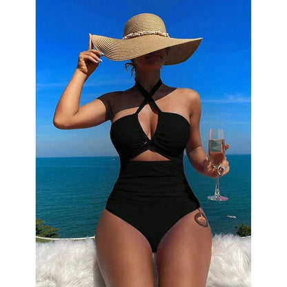 Drawstring One-piece Women Swimsuit 2025 Swimwear Female High Waisted Bikini Bandeau Halter Bathing Suit Swimming for Monokini - A-1 Thread Vault