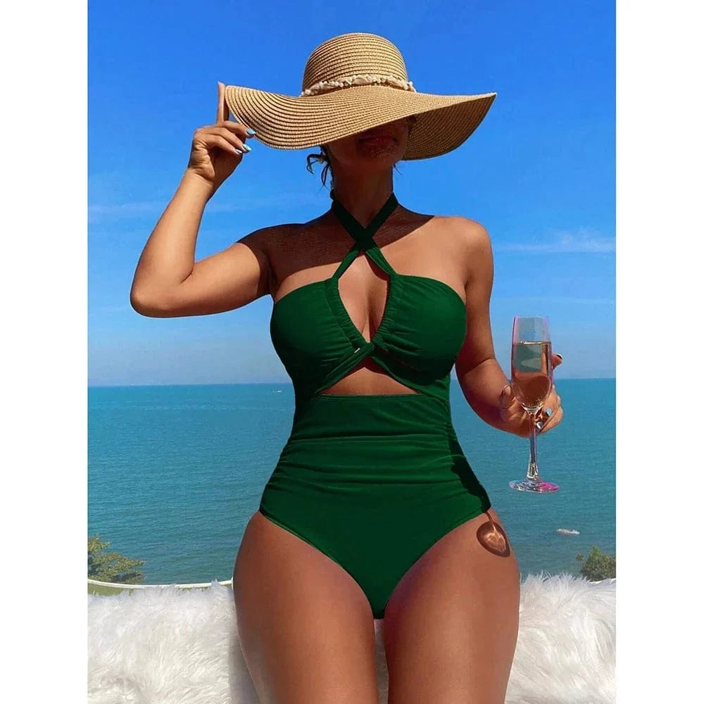 Drawstring One-piece Women Swimsuit 2025 Swimwear Female High Waisted Bikini Bandeau Halter Bathing Suit Swimming for Monokini - A-1 Thread Vault