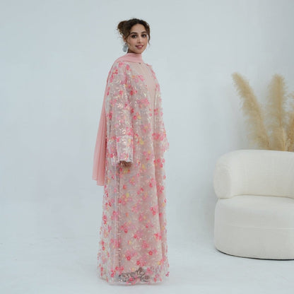 Dreamy 3D Flower Mesh Open Abaya Set(MOA313) - A-1 Thread Vault