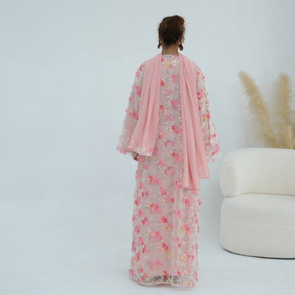 Dreamy 3D Flower Mesh Open Abaya Set(MOA313) - A-1 Thread Vault
