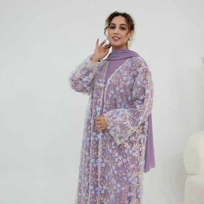 Dreamy 3D Flower Mesh Open Abaya Set(MOA313) - A-1 Thread Vault