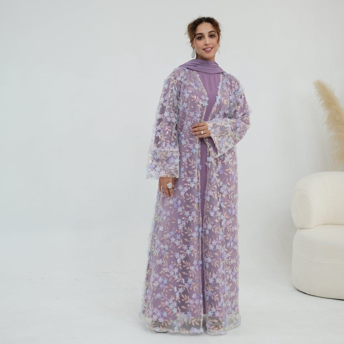 Dreamy 3D Flower Mesh Open Abaya Set(MOA313) - A-1 Thread Vault
