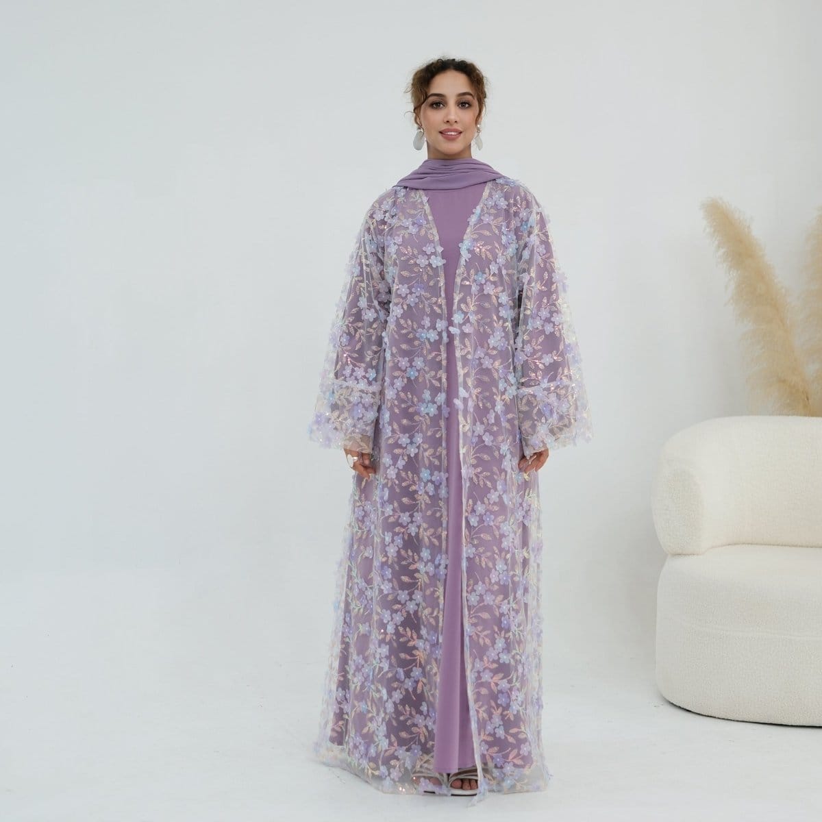 Dreamy 3D Flower Mesh Open Abaya Set(MOA313) - A-1 Thread Vault