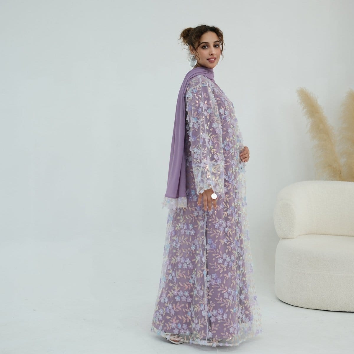 Dreamy 3D Flower Mesh Open Abaya Set(MOA313) - A-1 Thread Vault