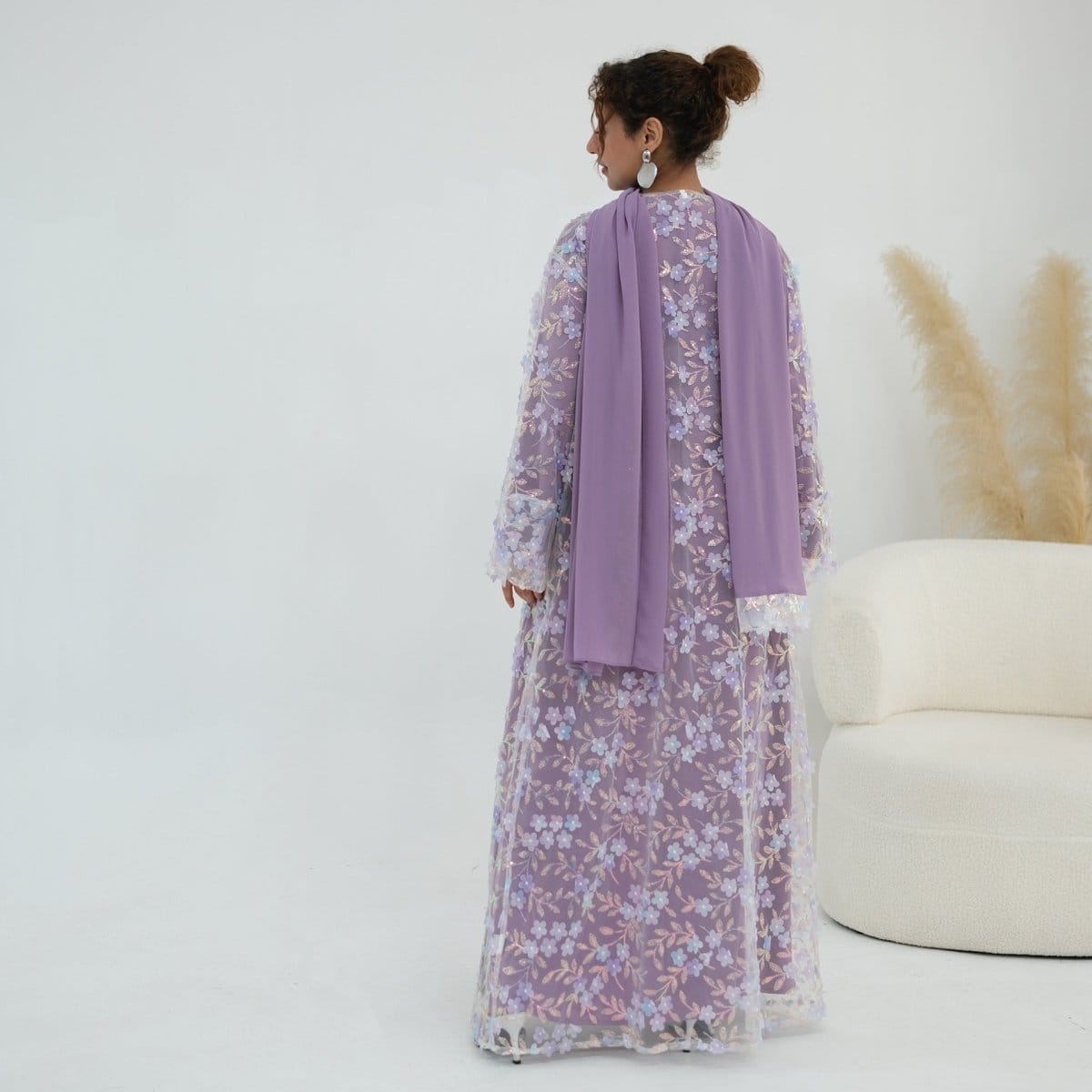 Dreamy 3D Flower Mesh Open Abaya Set(MOA313) - A-1 Thread Vault
