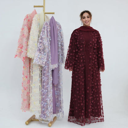 Dreamy 3D Flower Mesh Open Abaya Set(MOA313) - A-1 Thread Vault