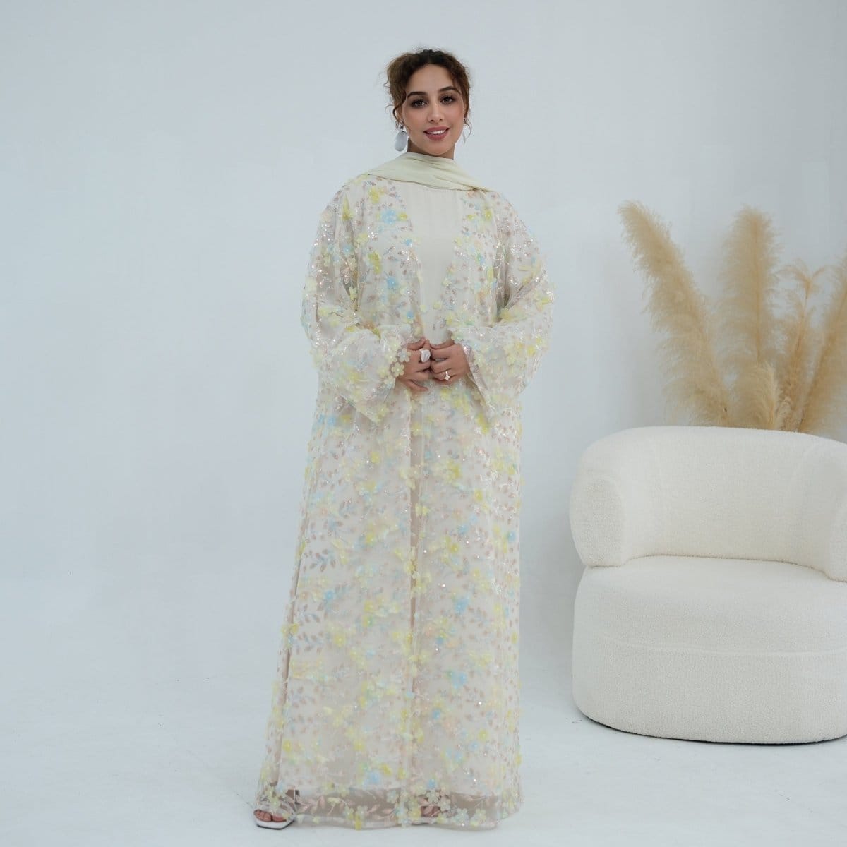 Dreamy 3D Flower Mesh Open Abaya Set(MOA313) - A-1 Thread Vault