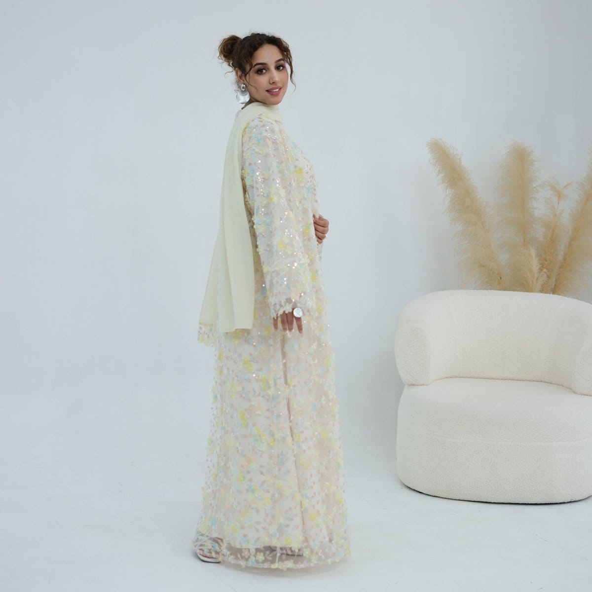 Dreamy 3D Flower Mesh Open Abaya Set(MOA313) - A-1 Thread Vault