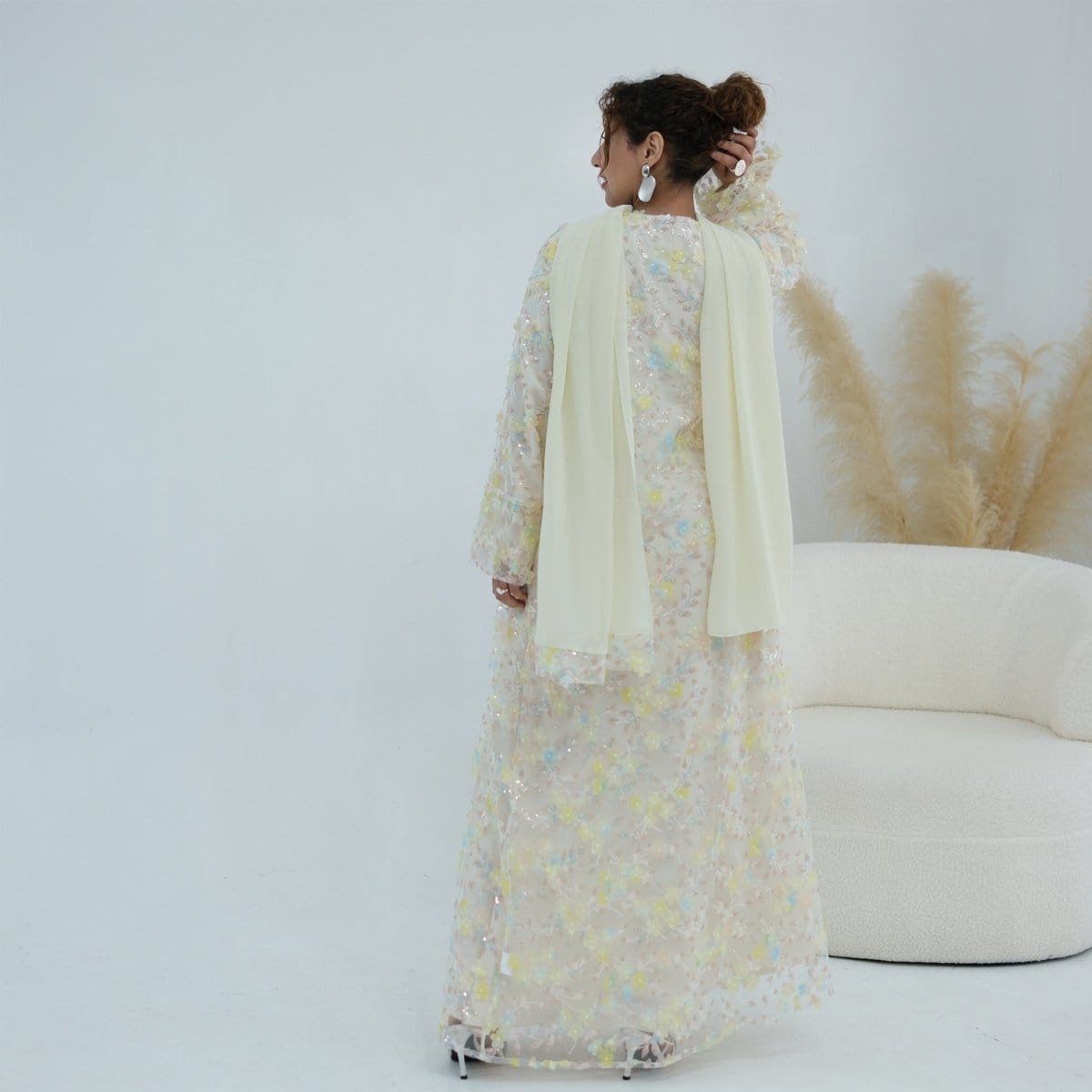 Dreamy 3D Flower Mesh Open Abaya Set(MOA313) - A-1 Thread Vault