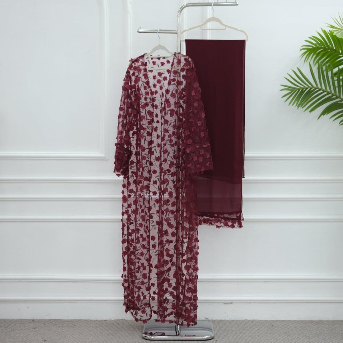 Dreamy 3D Flower Mesh Open Abaya Set(MOA313) - A-1 Thread Vault