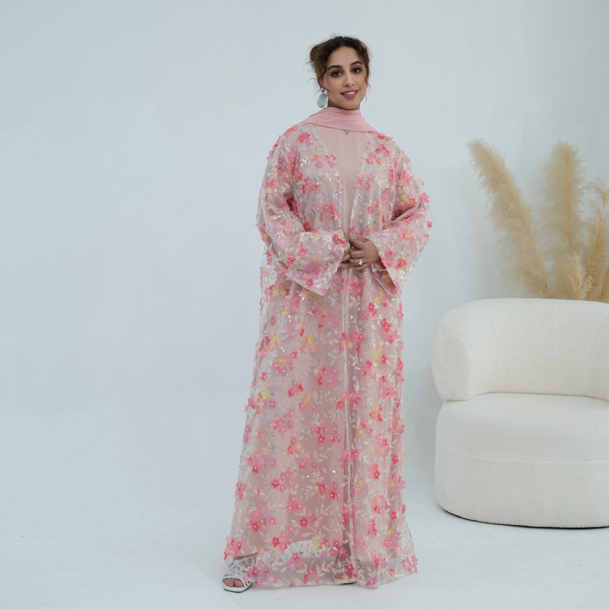 Dreamy 3D Flower Mesh Open Abaya Set(MOA313) - A-1 Thread Vault