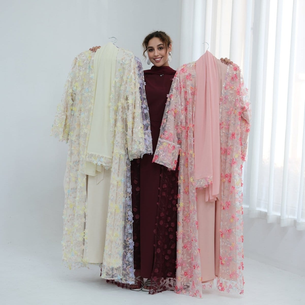 Dreamy 3D Flower Mesh Open Abaya Set(MOA313) - A-1 Thread Vault