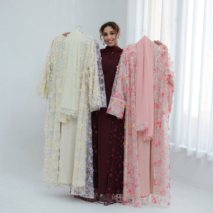 Dreamy 3D Flower Mesh Open Abaya Set(MOA313) - A-1 Thread Vault