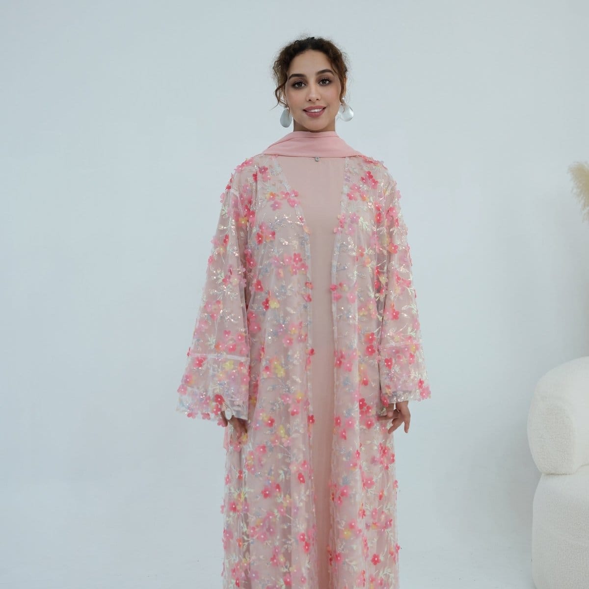 Dreamy 3D Flower Mesh Open Abaya Set(MOA313) - A-1 Thread Vault