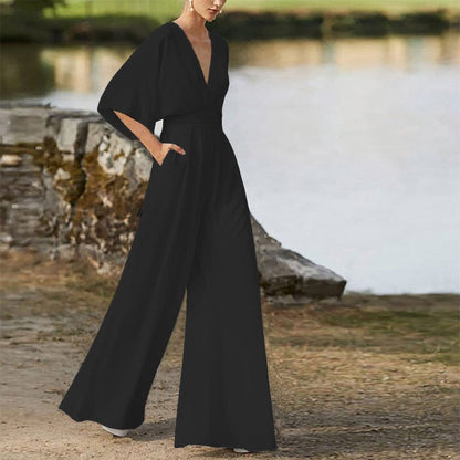 Dress Jumpsuit Explosive Deep V High Waist Wide Leg Trousers - A-1 Thread Vault