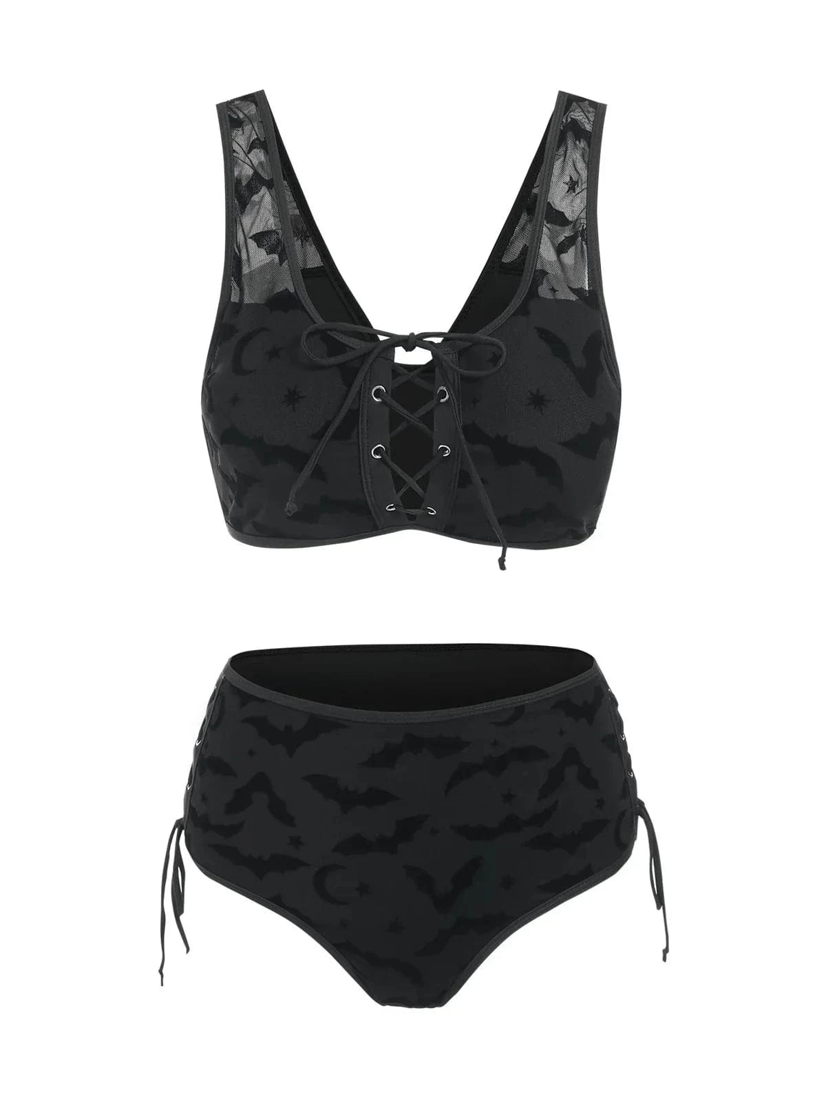 Dressfo Women's Gothic Bikini Swimsuit Bat Crescent Star Print Bathing Suit Cinched Mesh Lace Up Cut Out Swimwear Two Piece Set - A-1 Thread Vault