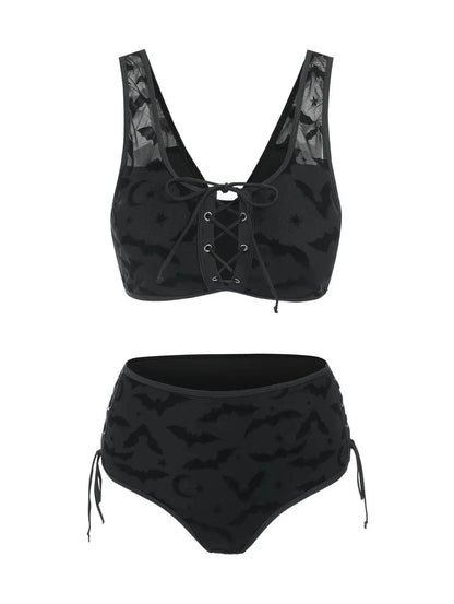 Dressfo Women's Gothic Bikini Swimsuit Bat Crescent Star Print Bathing Suit Cinched Mesh Lace Up Cut Out Swimwear Two Piece Set - A-1 Thread Vault