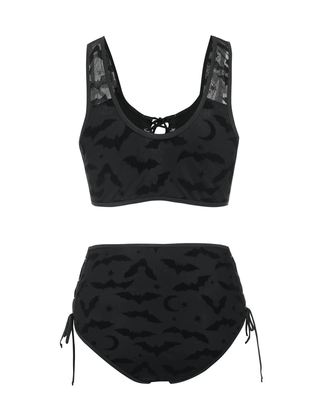 Dressfo Women's Gothic Bikini Swimsuit Bat Crescent Star Print Bathing Suit Cinched Mesh Lace Up Cut Out Swimwear Two Piece Set - A-1 Thread Vault