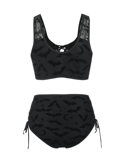 Dressfo Women's Gothic Bikini Swimsuit Bat Crescent Star Print Bathing Suit Cinched Mesh Lace Up Cut Out Swimwear Two Piece Set - A-1 Thread Vault