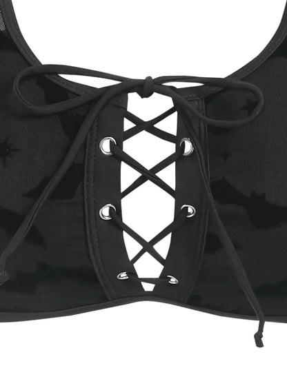 Dressfo Women's Gothic Bikini Swimsuit Bat Crescent Star Print Bathing Suit Cinched Mesh Lace Up Cut Out Swimwear Two Piece Set - A-1 Thread Vault
