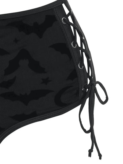 Dressfo Women's Gothic Bikini Swimsuit Bat Crescent Star Print Bathing Suit Cinched Mesh Lace Up Cut Out Swimwear Two Piece Set - A-1 Thread Vault