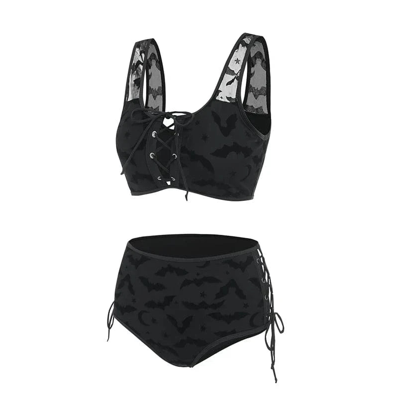 Dressfo Women's Gothic Bikini Swimsuit Bat Crescent Star Print Bathing Suit Cinched Mesh Lace Up Cut Out Swimwear Two Piece Set - A-1 Thread Vault