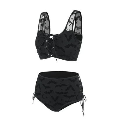 Dressfo Women's Gothic Bikini Swimsuit Bat Crescent Star Print Bathing Suit Cinched Mesh Lace Up Cut Out Swimwear Two Piece Set - A-1 Thread Vault