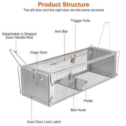 Dual Door Rat Trap Cage Humane with 2 Detachable U Shape Rod - A-1 Thread Vault