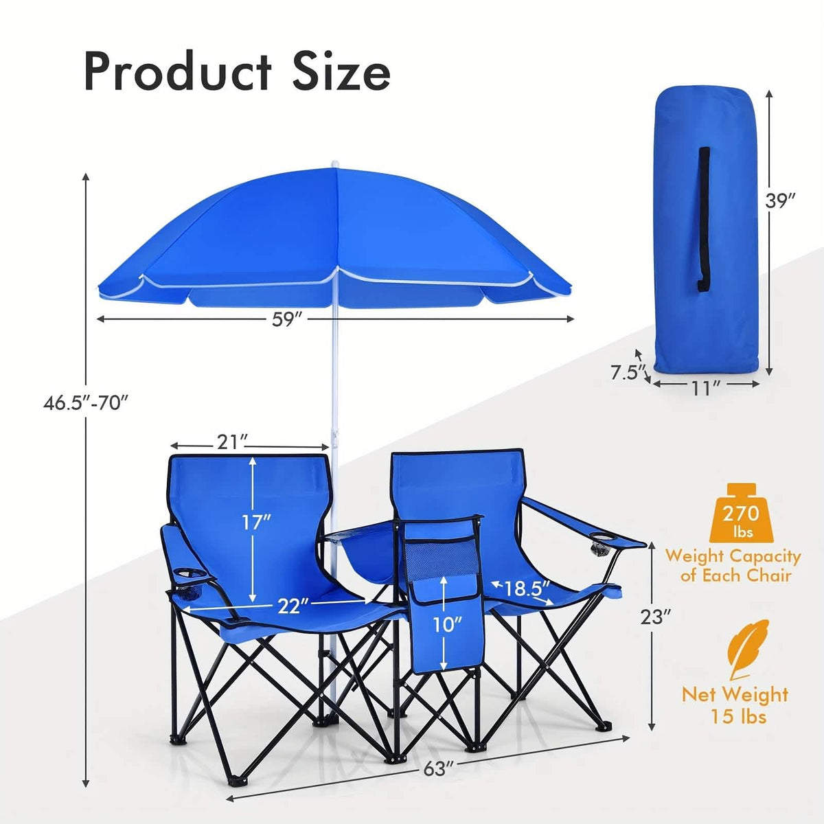 Folding Double Camping Chair with Umbrella (Blue) - A-1 Thread Vault