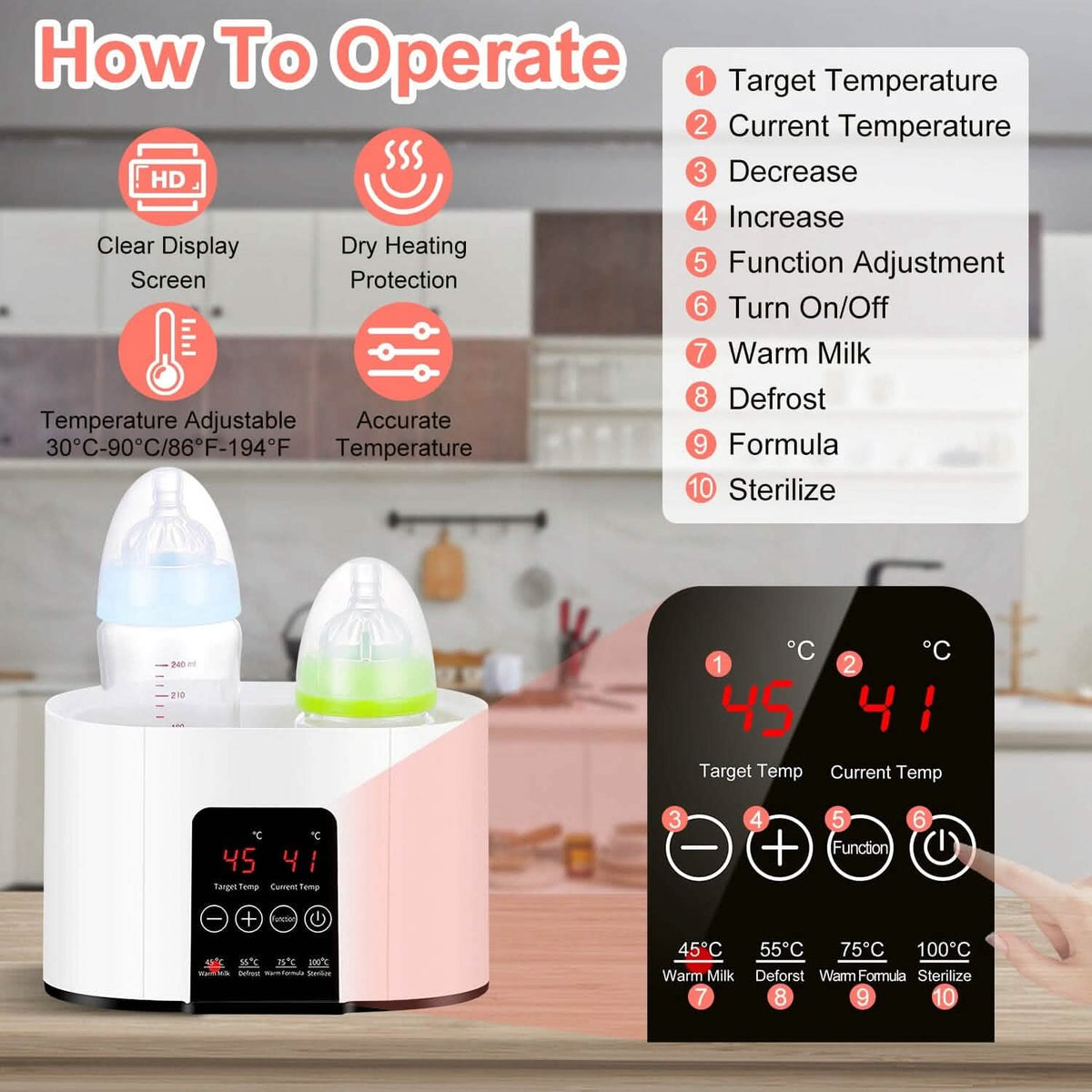 Electric Baby Milk Bottle Warmer Fit with 4 Heating Modes Adjustable Temperature Display Screen - A-1 Thread Vault