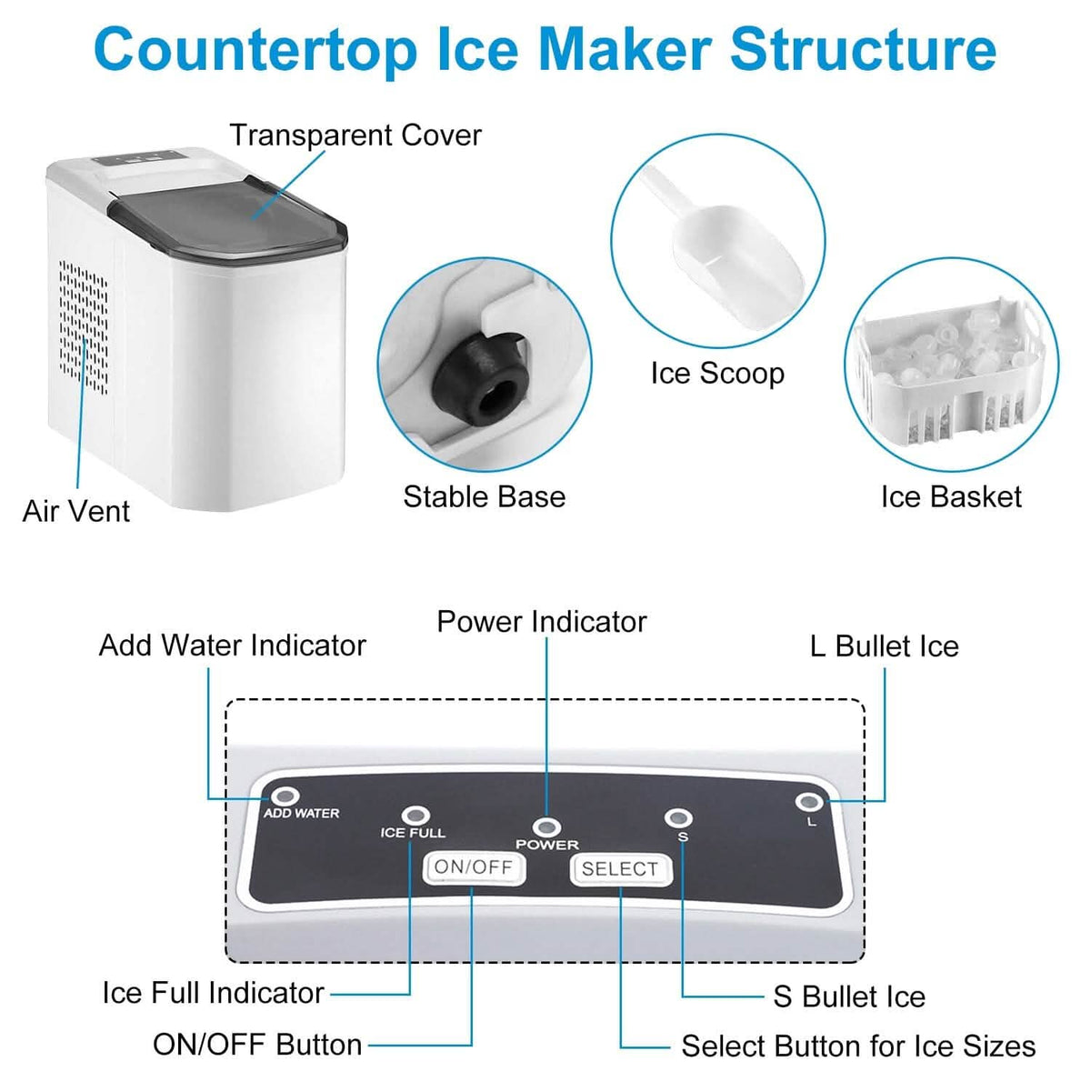 Electric Countertop Ice Make with Ice Scoop Basket Self Cleaning - A-1 Thread Vault