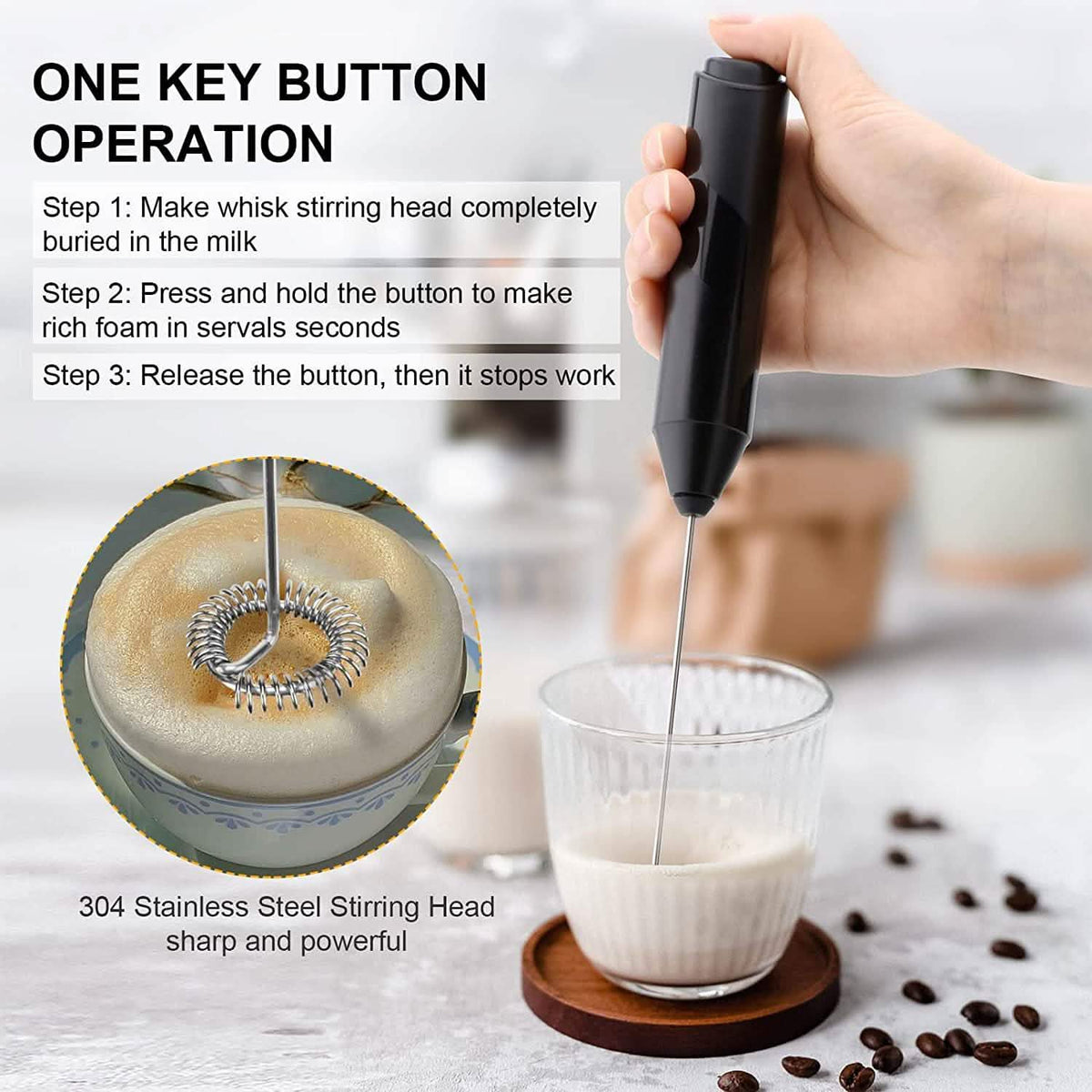 Electric Milk Frother Handheld with Stainless Steel Stand - A-1 Thread Vault