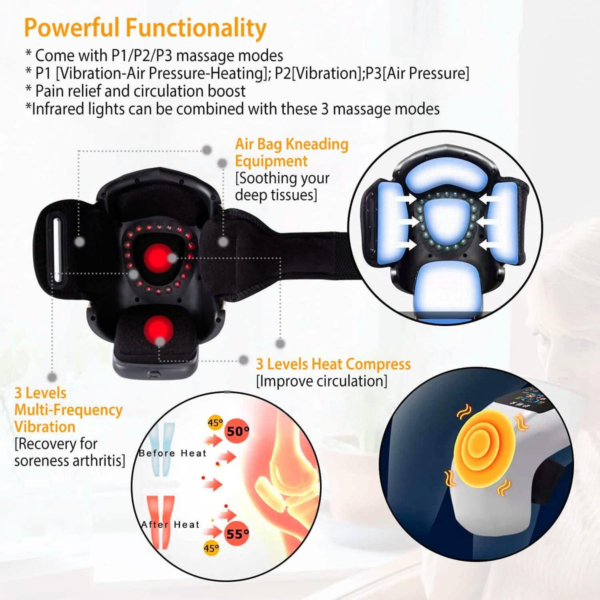Electric Rechargeable Knee Massager Infrared Heat Pain Relief Therapy - A-1 Thread Vault