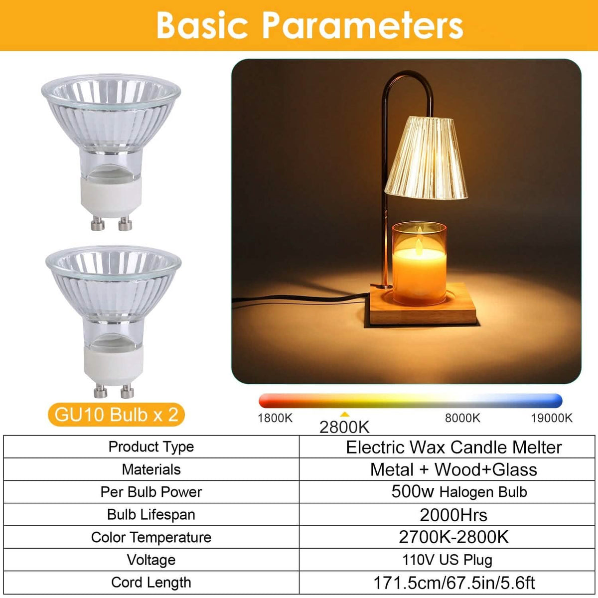 Electric Wax Melt Warmer Lamp Dimmable with 2 GU10 Bulbs 3-7in Adjustable Height 360º Rotatable - A-1 Thread Vault