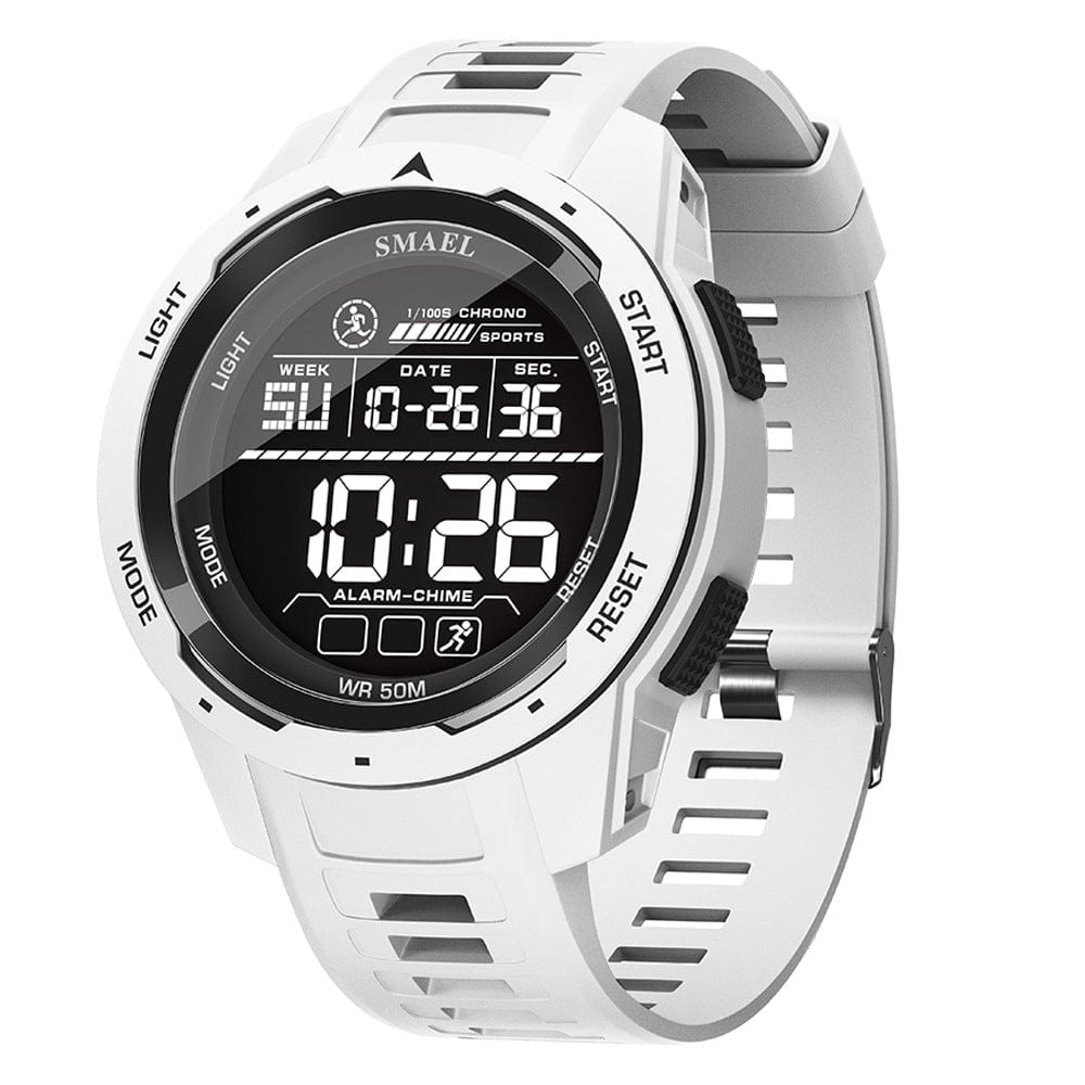 A white digital sports watch features a round bezel, a black circular display screen showing the time, date, and day of the week, and a matching white resin strap.