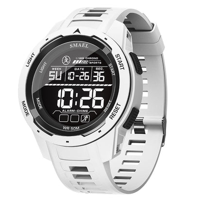 A white digital sports watch features a round bezel, a black circular display screen showing the time, date, and day of the week, and a matching white resin strap.