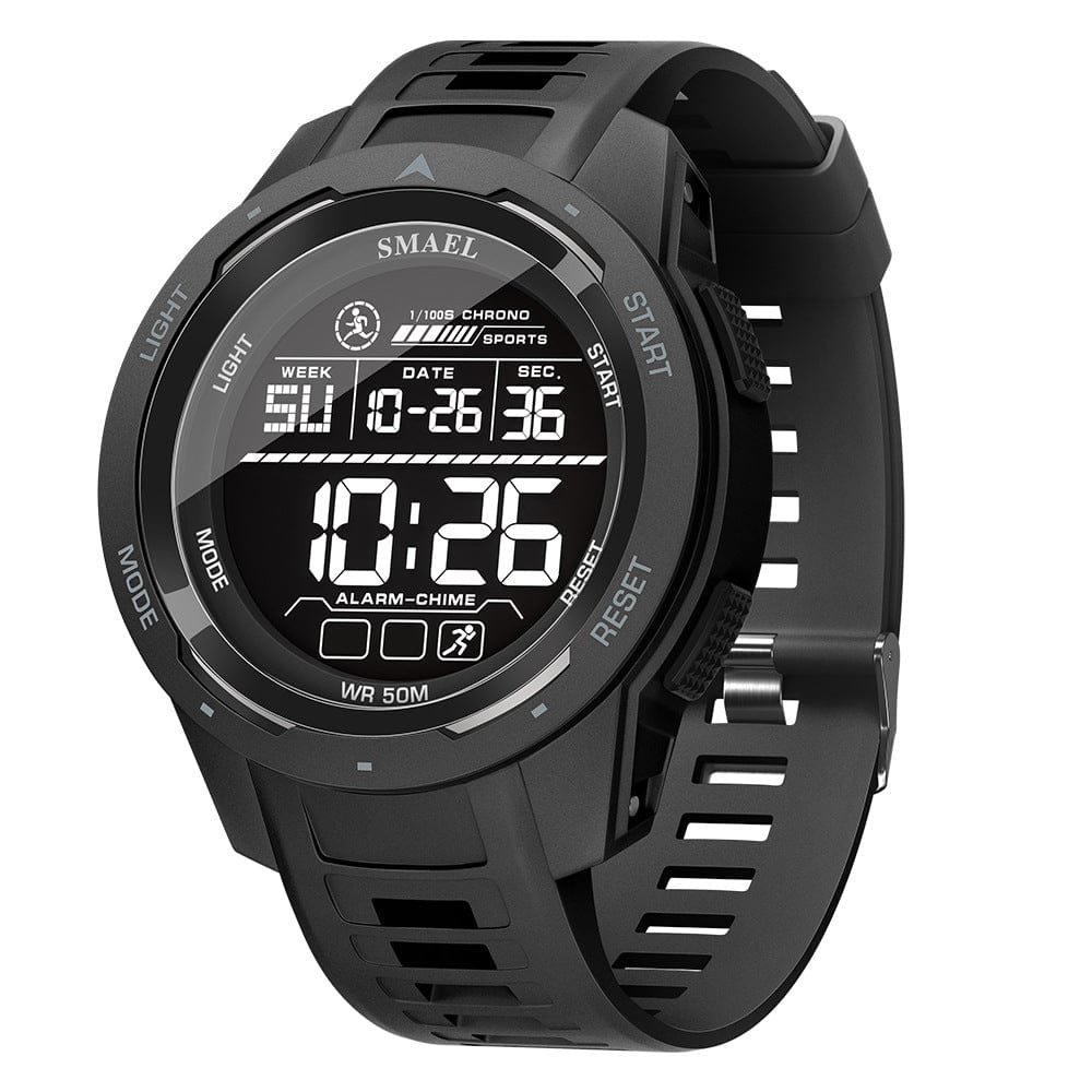 A black digital sports watch with a circular face featuring a multi-segment LCD display showing time, date, and day of the week, set against a solid white background.