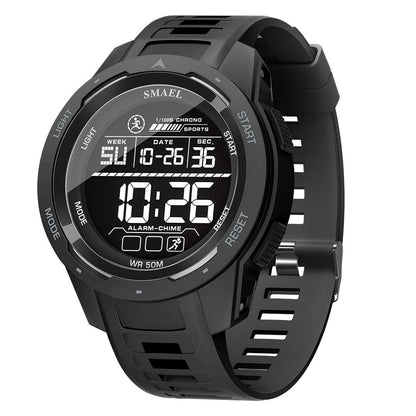 A black digital sports watch with a circular face featuring a multi-segment LCD display showing time, date, and day of the week, set against a solid white background.