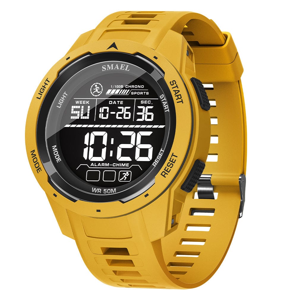A bright yellow digital sports watch with a circular face featuring a black LCD screen, a textured silicone strap, and labeled side buttons.