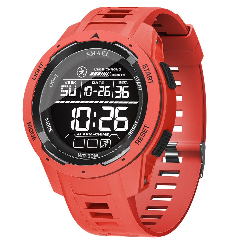 A red digital sports watch with a circular face featuring a black display screen that shows the date, time, and various icons on a textured red silicone strap.