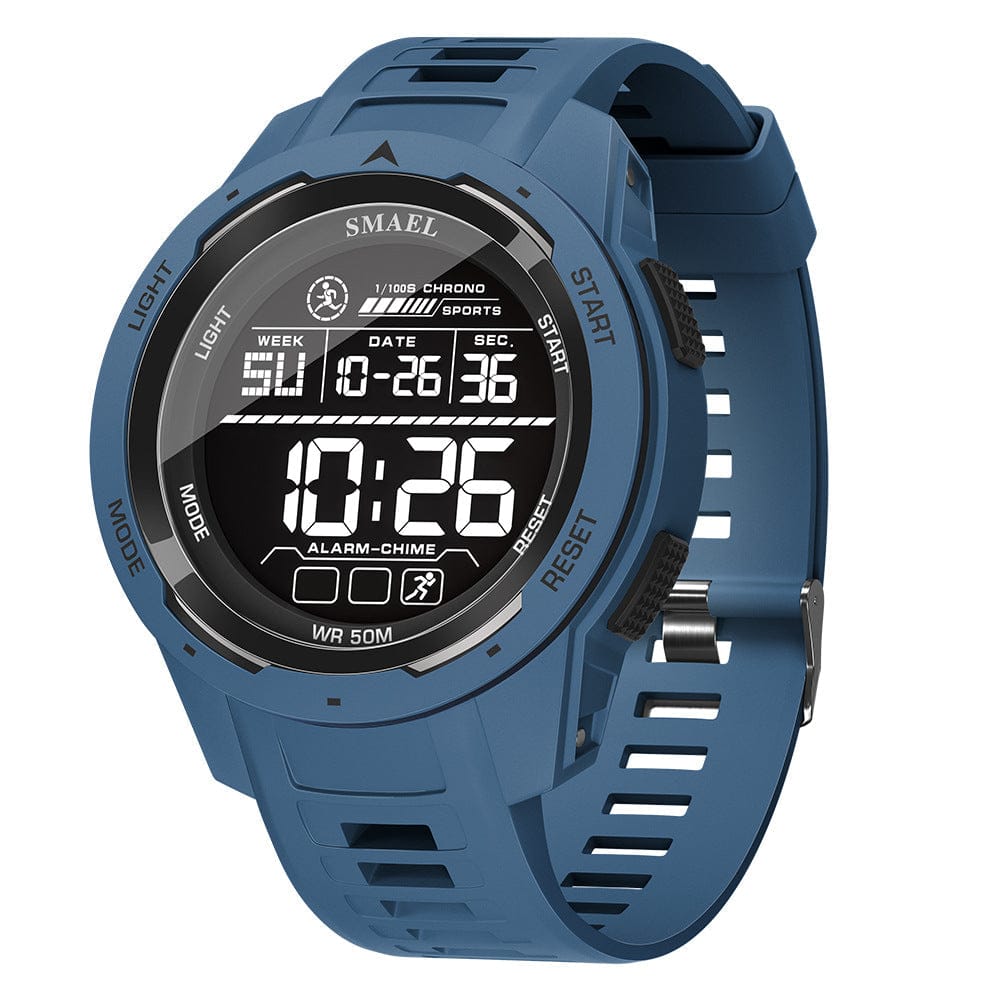 A blue digital sports watch featuring a round bezel, a black LCD display screen showing the time, date, and day of the week, and a textured rubber strap.