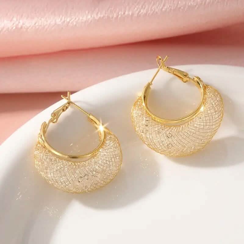 Elegant Crescent Mesh Hoop Earrings with Sparkling Cubic Zirconia - A-1 Thread Vault