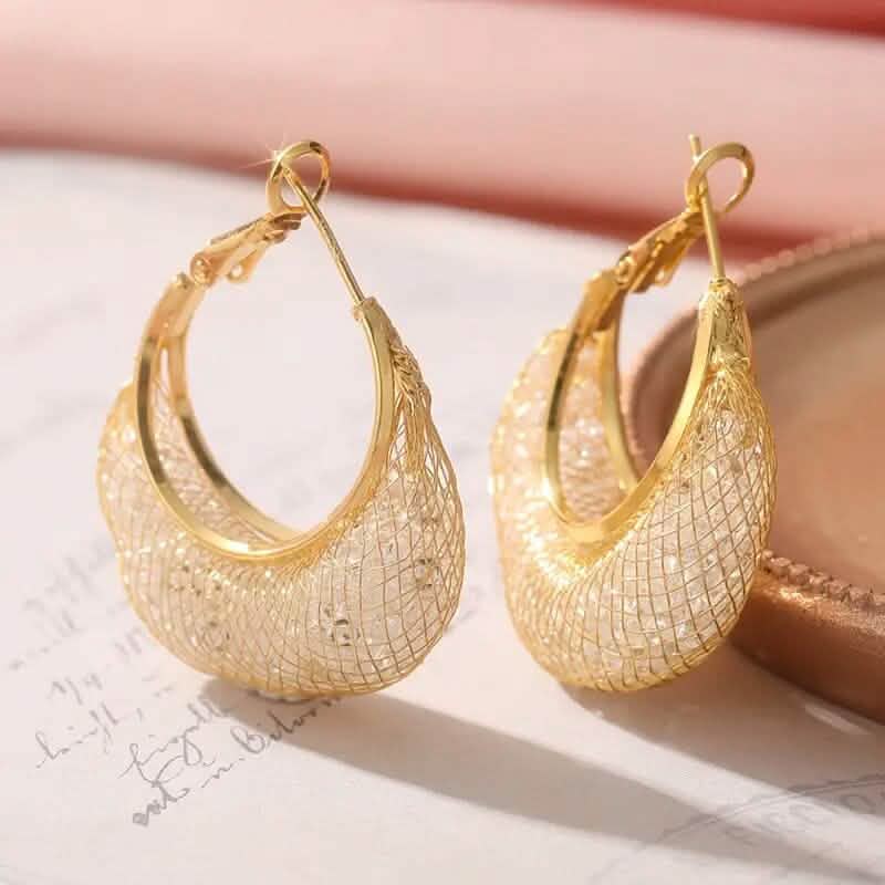 Elegant Crescent Mesh Hoop Earrings with Sparkling Cubic Zirconia - A-1 Thread Vault