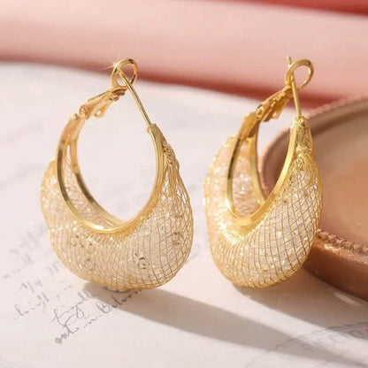 Elegant Crescent Mesh Hoop Earrings with Sparkling Cubic Zirconia - A-1 Thread Vault