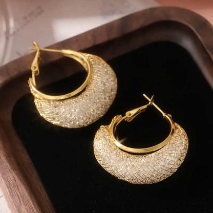 Elegant Crescent Mesh Hoop Earrings with Sparkling Cubic Zirconia - A-1 Thread Vault